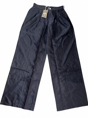 Flamingals Black Pinstripe Wide Leg Pants Size Large NWT High Rise Chic Trousers